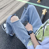 Wiaofellas Summer Blue Hole Jeans Men Fashion Casual Ripped Jeans Men Streetwear Hip Hop Loose Straight Denim Pants Mens Trousers M-2XL