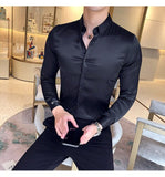 Wiaofellas Men's Shirt Neckline Embroidery Long Sleeve Casual Slim Men's Dress Shirt Solid Color Formal Business Social Clothing Top