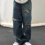 Wiaofellas Men Ripped Wide-leg Jeans Women's Fashion Retro Baggy Harajuku Jeans Hip Hop High Street Casual Wild Loose Wide-leg Trousers