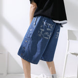 Wiaofellas New Summer Men's Print Wide Leg Denim Shorts Fashion Casual Baggy Straight Short Jeans Male Hongkong Style Trend Versatile Pants