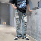 Wiaofellas Fashion Hip-hop Washed Hole Loose Straight Jeans Men's New High Street Temperament Commuter All-match Casual Pants