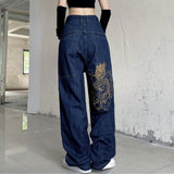 Wiaofellas Retro street loose embroidery dragon straight jeans women's new casual all-match high-waisted wide-leg pants