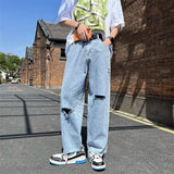 Wiaofellas Summer Blue Hole Jeans Men Fashion Casual Ripped Jeans Men Streetwear Hip Hop Loose Straight Denim Pants Mens Trousers M-2XL