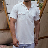 Wiaofellas Casual Elegant Chinese Style Cotton Linen T-Shirt Summer Men's Solid Color Retro Double Pocket Tooling Hooded Pocket Shirt Top