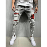 Wiaofellas Jeans Men's Distressed Stretch Ripped Biker Jeans Men Hip Hop Slim Fit Holes Punk Jeans Zipper Pure Color Denim Pants