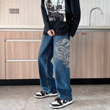 Wiaofellas New Fashion Dragon Embroidery Baggy Men Straight Jeans Pants Y2K Clothes Hip Hop Loose Wide Leg Denim Trousers Ropa Hombre