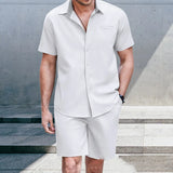 Wiaofellas Summer Men's Solid Color Casual Suit Beach Vacation Wind Thin Section Fashion Short-sleeved Shirt Shorts Two-piece Suit for Men