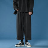 Wiaofellas Casual Pant Men Cotton Baggy Wide Leg Pants Ankle Length Elastic Waist Loose Straight Trousers Men