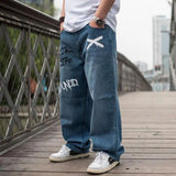 Wiaofellas Men Loose Baggy Jeans Hip Hop Letter Print Pant Men Oversized Wide Leg Skateboard Denim Large SIze Streetwear Embroidery