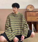 Wiaofellas Men's Long Sleeved Striped T-shirt, Original Style Round Neck Top, Korean Student Loose Casual T-shirt, Fashionable