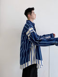 Wiaofellas Blue Stripes Shirt Men's Designer Niche Loose All-match Top Student Vinatge Striped Stitching Long-sleeved BF Men Hawaiian Shirt