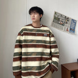 Wiaofellas Men's Couple Clothes Streetwear Hoodies Hip Hop Loose Stripe Printing Sweatshirts Round Neck Pullover Black/brown Coats