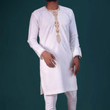 Wiaofellas New Men's Suit Top Trousers 2-piece Set Solid Color Round Neck Embroidery Long Sleeve Suit Wedding African Ethnic Style