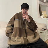 Wiaofellas Oversized American Vintage V-neck Jacket For Men Plus Large Size Loose Striped Color Matching Caual Spring Autumn Coat Outerwear