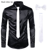 Wiaofellas Black Mens Silk Dress Shirts 3Pcs(Shirt +Tie+Bowtie) Smooth Satin Shirt Men Slim Fit Party Prom Casual Shirts Men Social Camisa