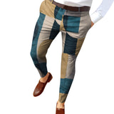 Wiaofellas Men's Business Casual Plaid Print Pants Skinny Social Pencil Pants Zipper Elastic Waist Pants Male Oversize Trousers