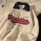 Wiaofellas American retro street alphabet lamb wool warm oversize winter new lapel long-sleeved sweater women's all-match casual top Y2K