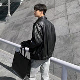 Wiaofellas-Men's Loose Russian PU Leather Jackets Casual Fashion Trend Outerwear Top Black Color Motorcycle Jackets Baseball Coats