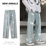 Wiaofellas Men's Street Hip Hop Jeans Loose Casual Wide Leg Pants Fashion English Elements Men's Brand Pants