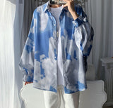 Wiaofellas Korean Casual Blue Sky White Clouds Vintage Print Shirt Men Gothic Streetwear Unisex Long Sleeve Shirt Women