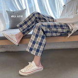 Wiaofellas Plaid Pants Men's High Street Korean Style Nine-point Pants Summer Thin All-match Casual Pants Loose Straight Wide-leg Pants
