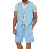 Wiaofellas Summer Mens Cotton Linen Two Piece Vintage Sleeveless Button Vest Shirts And Casual Shorts Suits Men Leisure Solid Color Outfit