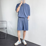 Wiaofellas Summer Pleated Sets Men Fashion Casual Ice Silk Sets Men Korean Loose Short-sleeved T-shirt/shorts Two-piece Mens Short Sets