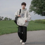 Wiaofellas Black White Gray Spring And Autumn Men's Hoodie Loose Hooded Printed Pullover Outdoor Sports Coat