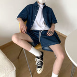 Wiaofellas Summer Blue Denim Set Men Fashion Oversized Short Sleeved Shirt/shorts Two-piece Mens Streetwear Korean Loose Short Sets Men