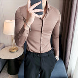 Wiaofellas Men's Shirt High Elasticity Seamless Long Sleeve Slim Casual Shirt Solid Color Business Formal Dress Shirts Social Blouse