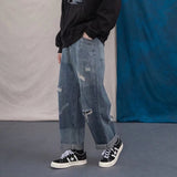 Wiaofellas Men Ripped Wide-leg Jeans Women's Fashion Retro Baggy Harajuku Jeans Hip Hop High Street Casual Wild Loose Wide-leg Trousers