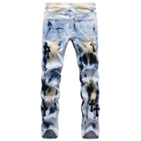 Wiaofellas New Hand-painted Paint Black Leopard Grain Leather Cross Elasticity High Street Stretch Slim Hole Small Straight Denim Jeans