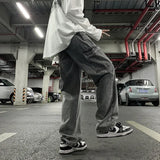 Wiaofellas Men's Jeans Casual Retro Tooling Wide-leg Loose Multi-pocket All-match Straight Trousers