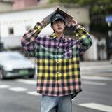 Wiaofellas Men's Gradient Color Pure Cotton Lattice Printing Long Sleeve Shirt Casual Fashion Trend Lapel Collar Loose Shirts Big Size