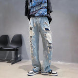Wiaofellas Fashion Hip-hop Washed Hole Loose Straight Jeans Men's New High Street Temperament Commuter All-match Casual Pants