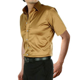 Wiaofellas Stylish Gold Silk Satin Shirt Men Chemise Homme Casual Short Sleeve Slim Fit Mens Dress Shirts Business Camisa Masculina