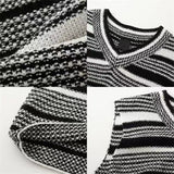 Wiaofellas-Winter Men's Loose V-neck Wool Sweater Vest Striped Printing Pullover Fashion Trend Sleeveless Knitting Blue/black Coats