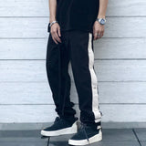 Wiaofellas Y2K Side Button Striped Drawstring Casual Cargo Pants for Men Straight Black Color Joggers Sweatpants Oversize Baggy Overalls