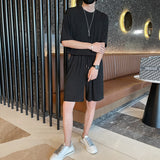 Wiaofellas Summer Pleated Sets Men Fashion Casual Ice Silk Sets Men Korean Loose Short-sleeved T-shirt/shorts Two-piece Mens Short Sets