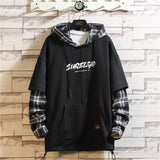 Wiaofellas Black Patchwork Hoodies Autumn Spring Men's Sweatshirts Hiphop Punk Streetwear Casual Pullover Patchwork Hoodie Black Lattice