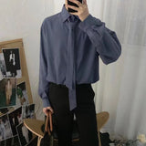 Wiaofellas Men's Blue Color Send Tie Long Sleeves Shirts Korean Style Retro Fashion Trend Casual High-quality Shirts Plus Size S-2XL