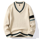 Wiaofellas Contrast Loose Rib V-neck Knitted Sweater Men Casual Long Sleeve Ins Pullover Sweaters Autumn/Winter Versatile Bottomed Sweater