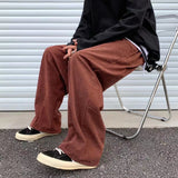 Wiaofellas Japanese Retro Brown Red Corduroy Wide Leg Pants Men's Fashion Trousers Loose Straight Casual Pants Elastic Waist Sweatpants