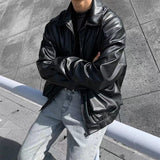 Wiaofellas-Men's Loose Russian PU Leather Jackets Casual Fashion Trend Outerwear Top Black Color Motorcycle Jackets Baseball Coats