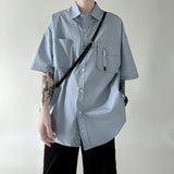Wiaofellas Summer Short Sleeve Shirt Men Fashion Retro Pocket Shirts Mens Japanese Streetwear Loose Casual Solid Color Tooling Shirt Men