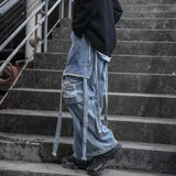 Wiaofellas Men's Loose Wide Leg Pants Ribbon Streetwear Casual Pants Retro Oversized Jeans Fashion Trend Blue/black Trousers M-2XL
