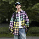 Wiaofellas Men's Gradient Color Pure Cotton Lattice Printing Long Sleeve Shirt Casual Fashion Trend Lapel Collar Loose Shirts Big Size