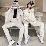 Wiaofellas Men Women 2 PCS Sets Couple Suits Sets Streetwear Fashion Business Casual Loose Office Suits Jacket Pant Women Oversize Suits