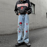 Wiaofellas Y2k Baggy Jeans Europe and America Hiphop Loose Wide-leg Pants Three-dimensional Rose Embroidered Chaogao Street Men Trousers