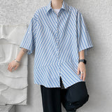 Wiaofellas Summer Men's Fashion Trend Stripe Printing Short Sleeve Shirts Lapel Collar Blue/Black Color Clothes Shirts M-XL